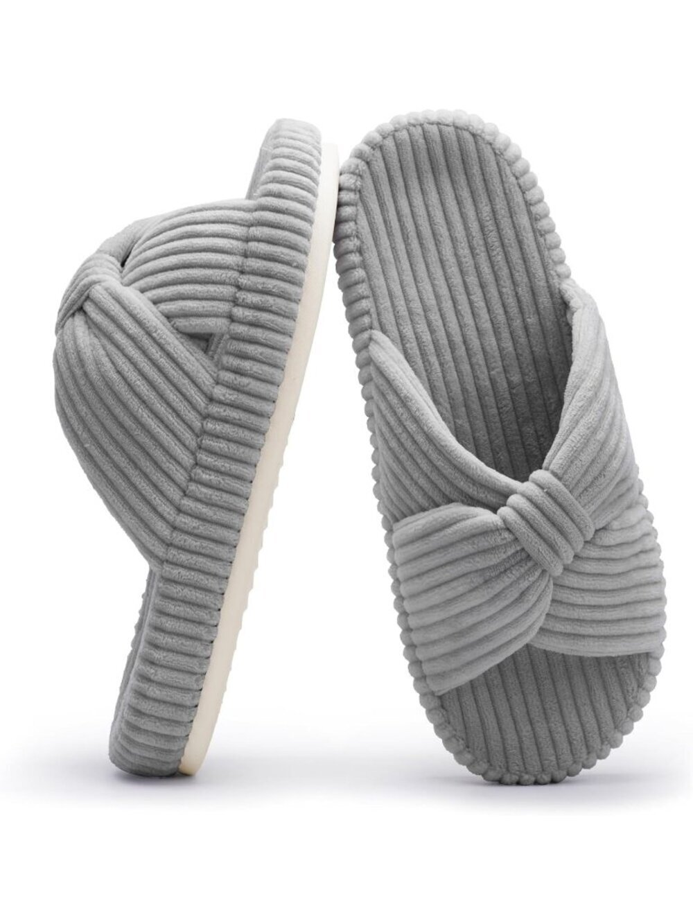 Women's Grey Memory Foam House Corduroy Bow Crossbands Comfy Soft Slipper Shoes